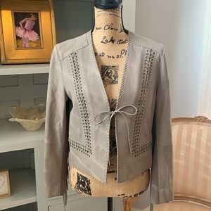 Elie Tahari Lamb Leather Fringe cropped sexy jacket tan brown S $398 gorgeous